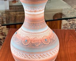 Signed Navajo Etched Pottery Vase B Sain Dine Native American  Turquoise	16x 7.25in diameter at rim.	
