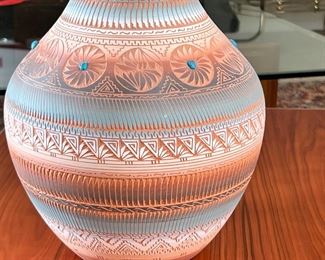 Signed Navajo Etched Pottery Vase B Sain Dine Native American  Turquoise	16x 7.25in diameter at rim.	
