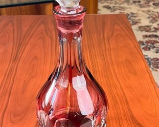 Cranberry Cut to Clear Crystal Decanter 	12in H	
