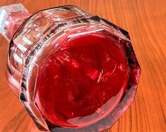 Cranberry Cut to Clear Crystal Decanter 	12in H	
