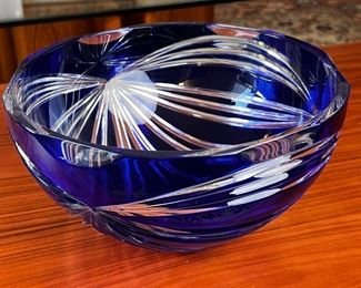 German Crystal Cut to Clear Blue Bowl Bleikristall Diamantschliff Bleikristall  	5.5 x 9.75 in Diameter	HxWxD
