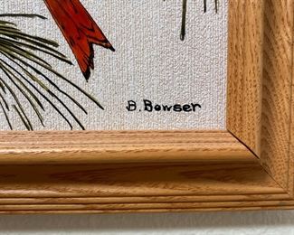 B Bowser Reverse Painted Glass Art &nbsp;Cardinal on Branch	Frame: 13 x 15in	
