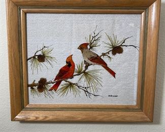 #2 B Bowser Reverse Painted Glass Art &nbsp;2 Cardinals on Branch	Frame: 18 x 21in	
