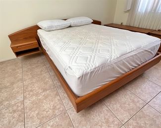 1980s Danish Teak Platform Queen Bed	Frame: 30 x 108 x 85in Mattress:  60 x 80in	HxWxD
