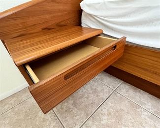 1980s Danish Teak Platform Queen Bed	Frame: 30 x 108 x 85in Mattress:  60 x 80in	HxWxD
