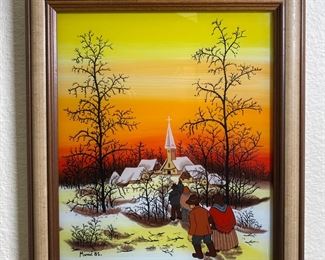 Original Art Country Church Minić 85 Reverse Glass Painting Folk Art	Frame: 13.25 x 11.5in	
