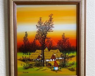 Original Art Country Cottage Minić 85 Reverse Glass Painting Folk Art	Frame: 13.25 x 11.5in	
