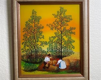Original Art Field Workers Minić 85 Reverse Glass Painting Folk Art	Frame: 13.25 x 11.5in	
