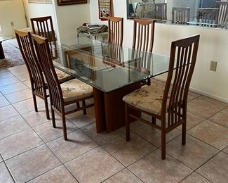 MCM Gustav Gaarde Trekanten Dining Table with 8 Chairs Danish Modern Teak Glass Top	Table: 28 x42 x 84in	HxWxD
