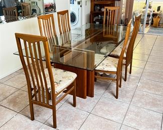 MCM Gustav Gaarde Trekanten Dining Table with 8 Chairs Danish Modern Teak Glass Top	Table: 28 x42 x 84in	HxWxD
