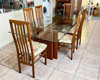 MCM Gustav Gaarde Trekanten Dining Table with 8 Chairs Danish Modern Teak Glass Top	Table: 28 x42 x 84in	HxWxD
