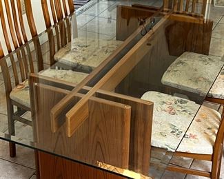 MCM Gustav Gaarde Trekanten Dining Table with 8 Chairs Danish Modern Teak Glass Top	Table: 28 x42 x 84in	HxWxD
