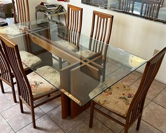 MCM Gustav Gaarde Trekanten Dining Table with 8 Chairs Danish Modern Teak Glass Top	Table: 28 x42 x 84in	HxWxD
