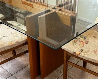 MCM Gustav Gaarde Trekanten Dining Table with 8 Chairs Danish Modern Teak Glass Top	Table: 28 x42 x 84in	HxWxD
