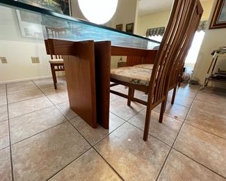 MCM Gustav Gaarde Trekanten Dining Table with 8 Chairs Danish Modern Teak Glass Top	Table: 28 x42 x 84in	HxWxD
