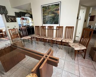 MCM Gustav Gaarde Trekanten Dining Table with 8 Chairs Danish Modern Teak Glass Top	Table: 28 x42 x 84in	HxWxD
