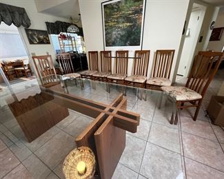 MCM Gustav Gaarde Trekanten Dining Table with 8 Chairs Danish Modern Teak Glass Top	Table: 28 x42 x 84in	HxWxD
