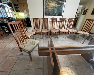 MCM Gustav Gaarde Trekanten Dining Table with 8 Chairs Danish Modern Teak Glass Top	Table: 28 x42 x 84in	HxWxD
