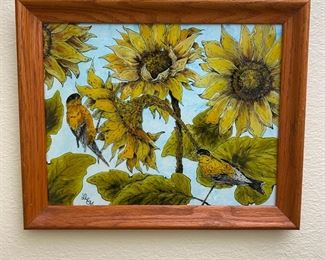 Original Art Sunflowers Reverse Glass Painting Folk Art	Frame: 13 x 16in	
