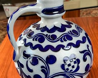 Vintage German Salt Glaze Jug Cobalt Pottery	10in H	
