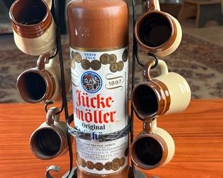 Jücke Möller Stoneware Cups & Decanter on Wroght Iron Stand 		
