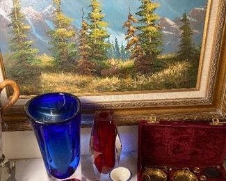 alpine scene-Kosta Boda Vase-vtg. gold stall more