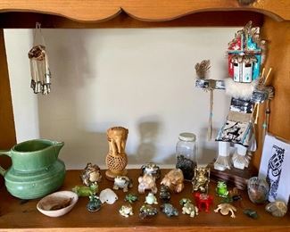 McCoy buttermilk pitcher, Kachina Navajo dance figurine, frog figurines.