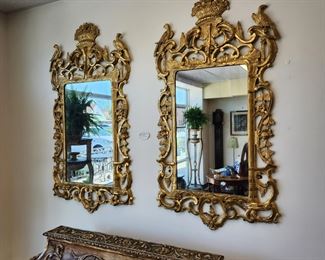 Pair of antique English gilt decorated wall mirror