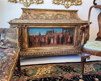 Antique Italian hand painted, hand carved, gilt decorated cassone 