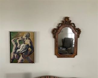 OIL ON CANVAS AND ART DECO MIRROR 