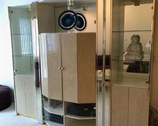 Post Modern Mirrored Burled Lacquer Entertainment Cabinet / Wall Unit