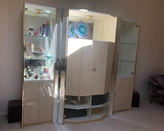 Post Modern Mirrored Burled Lacquer Entertainment Cabinet / Wall Unit
