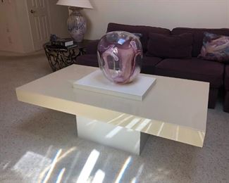  Vintage Lacquer Tiered Pedestal Coffee / Cocktail Table, Peter Bramhall Glass Orb Sculpture