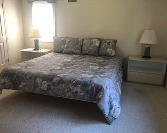 King Platform Bed, Pair of Lacquer Side Tables, Pair of Lamps