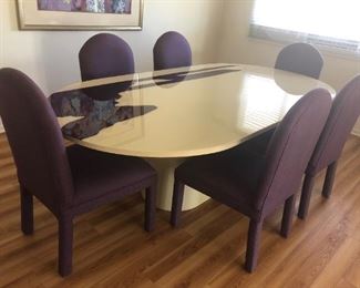 Designer Post Modern Lacquer Double Pedestal Dining Table w/ 6 Upholstered Chairs (Possible Epoxy River Design)