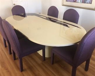 Designer Post Modern Lacquer Double Pedestal Dining Table w/ 6 Upholstered Chairs (Possible Epoxy River Design)