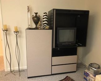 Pair Tall Candle Holders, Glass Barometer, Vases, Cool Laminate Entertainment Unit / Cocktail Cabinet