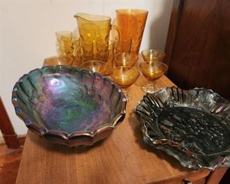 More Carnival and Mid Century Amber Glass (Water Pitcher, Glasses, Vase)