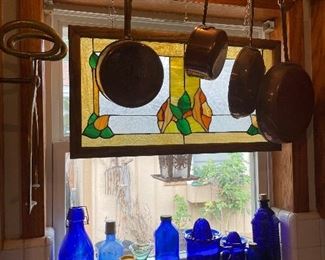 Copper Cookware and cobalt blue Bottles, Stained Glass
