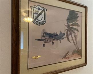 Airplane art.  1977  signed and numbered Wm.  Farnsworth Pappy on Final.  Major Pappy Boyington 30 of 75 