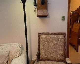 Antique Wall Phone, Arm Chair, Stained Glass Floor Lamp