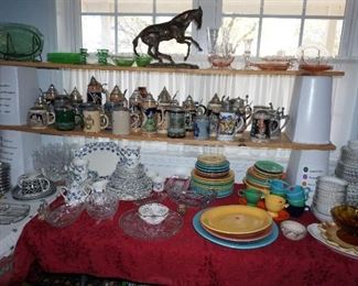 Fiesta ware, other dish sets, statue, Beer Steins