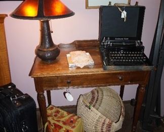 desk, vintage typewriter and lamp
