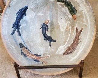 Terracotta bowl with painted fish
17 inches round
Comes with stand