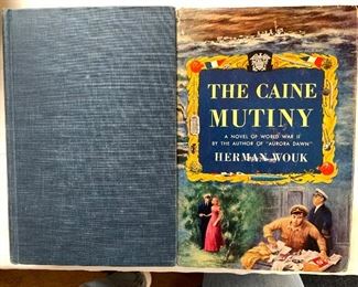 The Caine Mutiny by Herman Wouk. First edition, Doubleday, 1951; blue cloth bound, good condition, $800. 
First edition, Sears Readers Club, Chicago, 1951; dust jacket shows slight wear, $30. Not shown: signed limited edition from The Franklin Library, leather bound with gold embossed letters and design, $75