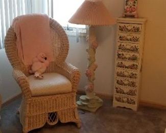Stylish wicker chair; tall chest & floor lamp
