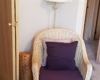 Wicker reading chair; floor lamp