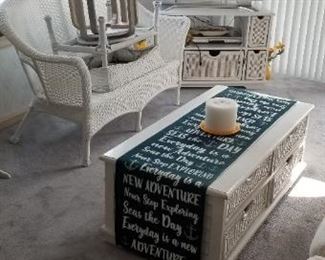 Sturdy coffee table with storage; nice wicker settee