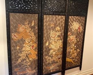 Japanese silk embroidered screen