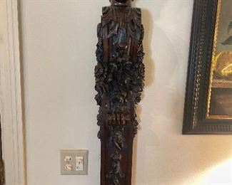 Pair of Carytids  - figural Pilasters A GEORGE I MAHOGANY DROPLEAF DINING TABLE, IF 18 TH /19THC.
$1500
AHOGANY AND SATINWOOD INLAID SIDEBOARD, 18THC.
$2500
A GEORGE II CARVED GILTWOOD OVERMANTLE MIRROR, 18THC.
$3500
A GEORGE III MAHOGANY AND BURLWOOD OCTAGONAL TOP TEA TABLE, LATE 18THC.
$1500
A CONTINENTAL FIGURAL AND LANDSCAPE TAPESTRY, ASSUMING 17 TH /18THC.
$5000
AN IRON AND METAL WORK FLOOR TORCHERE
$900
A CONTINENTAL NEOCLASSICAL MAHOGANY AND SATINWOOD CHINOISERE DECORATED
BUFFET/CABINET, 18THC.
$3500

A LOUIS XVI STYLE WHITE PAINTED TALL MIRROR,
$1200
A GEORGE III STYLE YEWOOD BOWFRONT THREE DRAWER SMALL CHEST, IF 18THC.
$1500

A LOUIS XV WALNUT TALL CASE CLOCK, 18THC.
$1500
A SET OF SIX GEORGE I STYLE DINING CHAIRS,
$800
